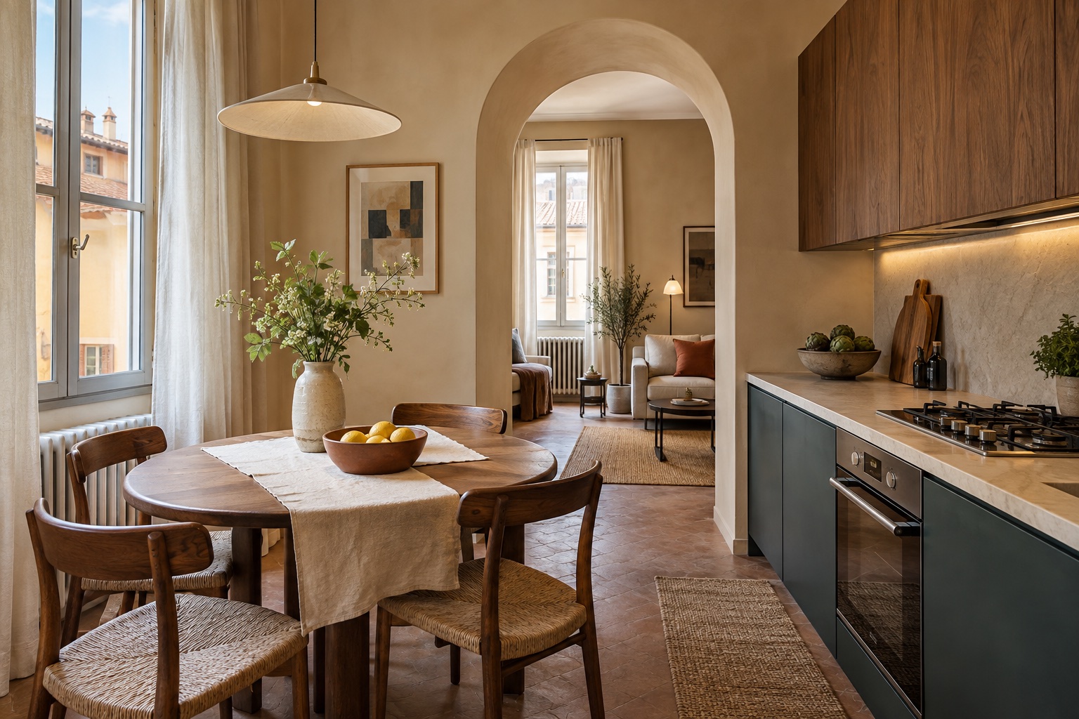 Cucina e zona pranzo di un appartamento preparato per gli ospiti